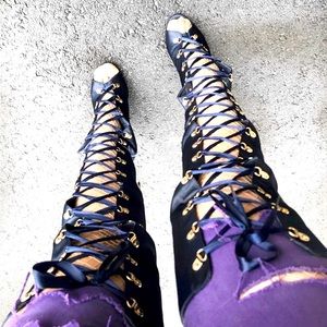 Lace up satin thigh high boots in navy blue